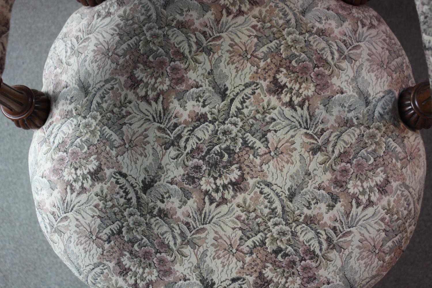 A Victorian walnut armchair, upholstered in a tapestry fabric, with a pierced splat back, on lobed - Image 6 of 6