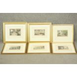 Six gilt framed and glazed 19th century hand coloured engravings, some political. H.40 W.46cm.