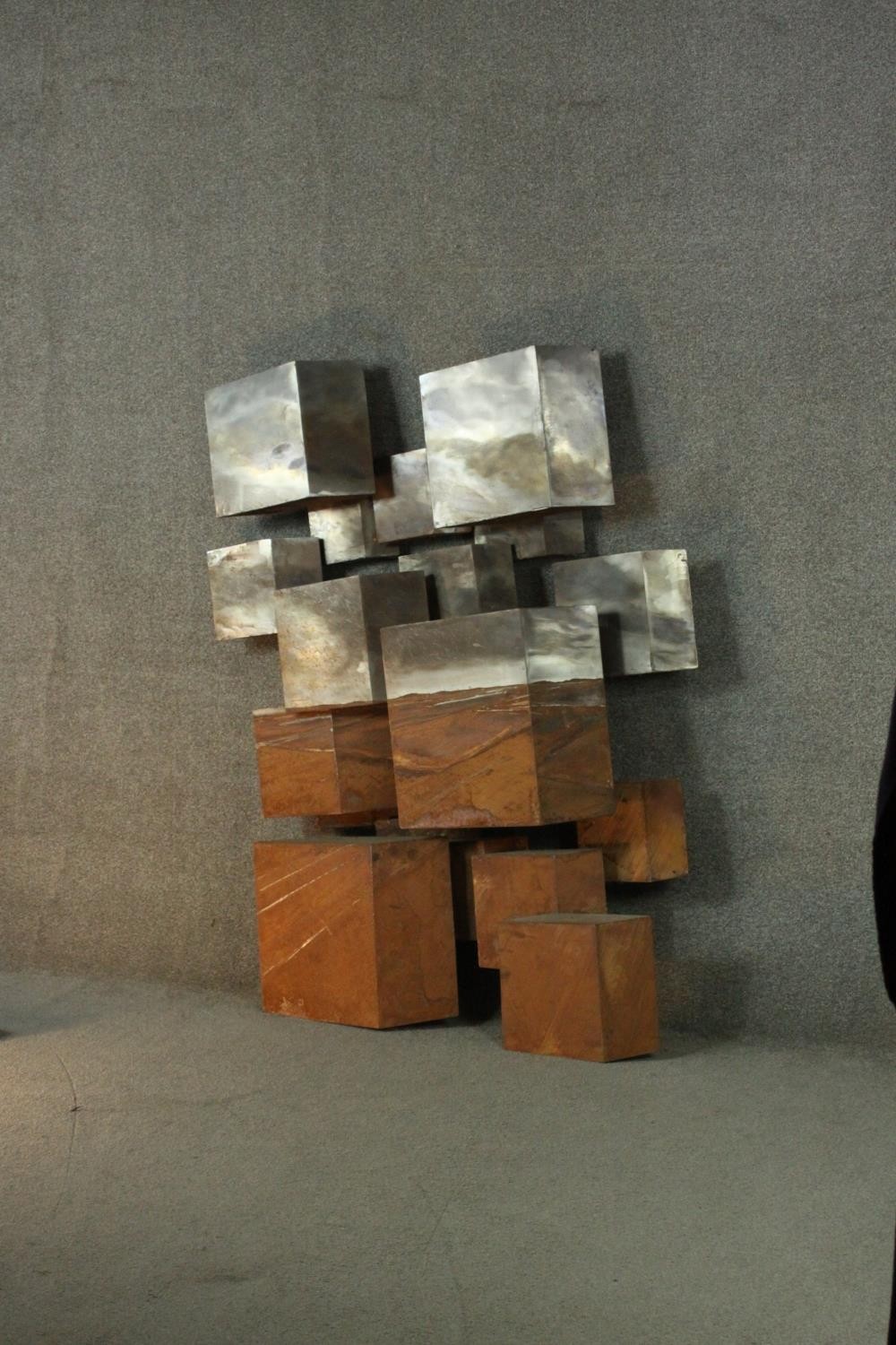 Stevens Dossou-Yovo (French b.1969) An abstract brushed raw and oxidized steel geometric sculpture - Image 5 of 8