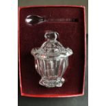 A boxed Baccarat crystal Harcourt Missouri jam jar with spoon. Stamped to the base. H.19 W.14cm (