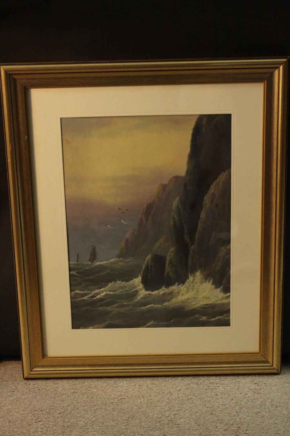 Three framed and glazed watercolours. Two of coastline landscapes and one of sailing boats. H.58 W. - Image 3 of 5