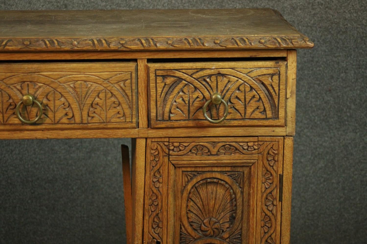 Pedestal desk, Victorian carved oak in three sections. H.77 W.103 W.48cm. - Image 2 of 9