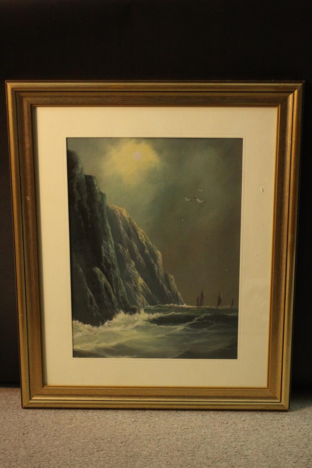 Three framed and glazed watercolours. Two of coastline landscapes and one of sailing boats. H.58 W. - Image 5 of 5