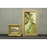 Two carved giltwood framed prints. One of Tudor cottages and one of an angel. H.67 W.39cm. (largest)