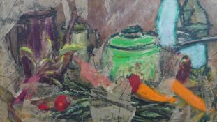 A framed oil and mixed media on board of a still life. Indistinctly signed verso. H.56 W.70cm