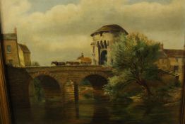 A gilt framed 20th century oil on canvas of a bridge over a river with horse and cart. H.40 W.45cm.