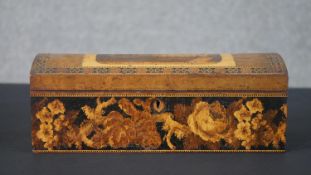 A 19th Century Tunbridge ware draughts box with central panel depicting a large manor house with