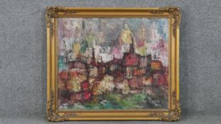 A gold painted moulded framed oil on board of an abstract city scene, St Eau, indistinctly signed