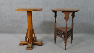 An Arts & Crafts octagonal honey oak table, the top with concentric octagonal inlay, the chamfered