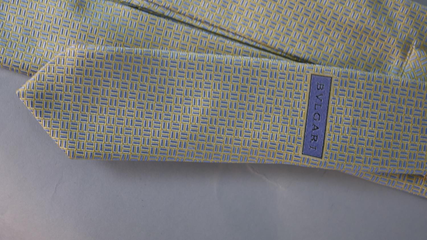 A boxed vintage Bulgari pale blue and yellow abstract design silk tie, with makers label. - Image 7 of 7