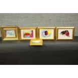 Four gilt framed watercolours of fruit, signed Anamae. Along with a framed oil on canvas of