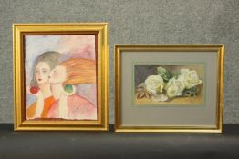 A gilt framed and glazed watercolour of white roses along with a framed and glazed pastel of two