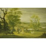 A large foliate design giltwood framed and glazed print of a countryside landscape. H.69 W.83cm.