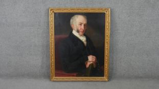 A craved gilt framed 19th century oil on canvas of an elderly gentleman in fine dress. Unsigned. H.