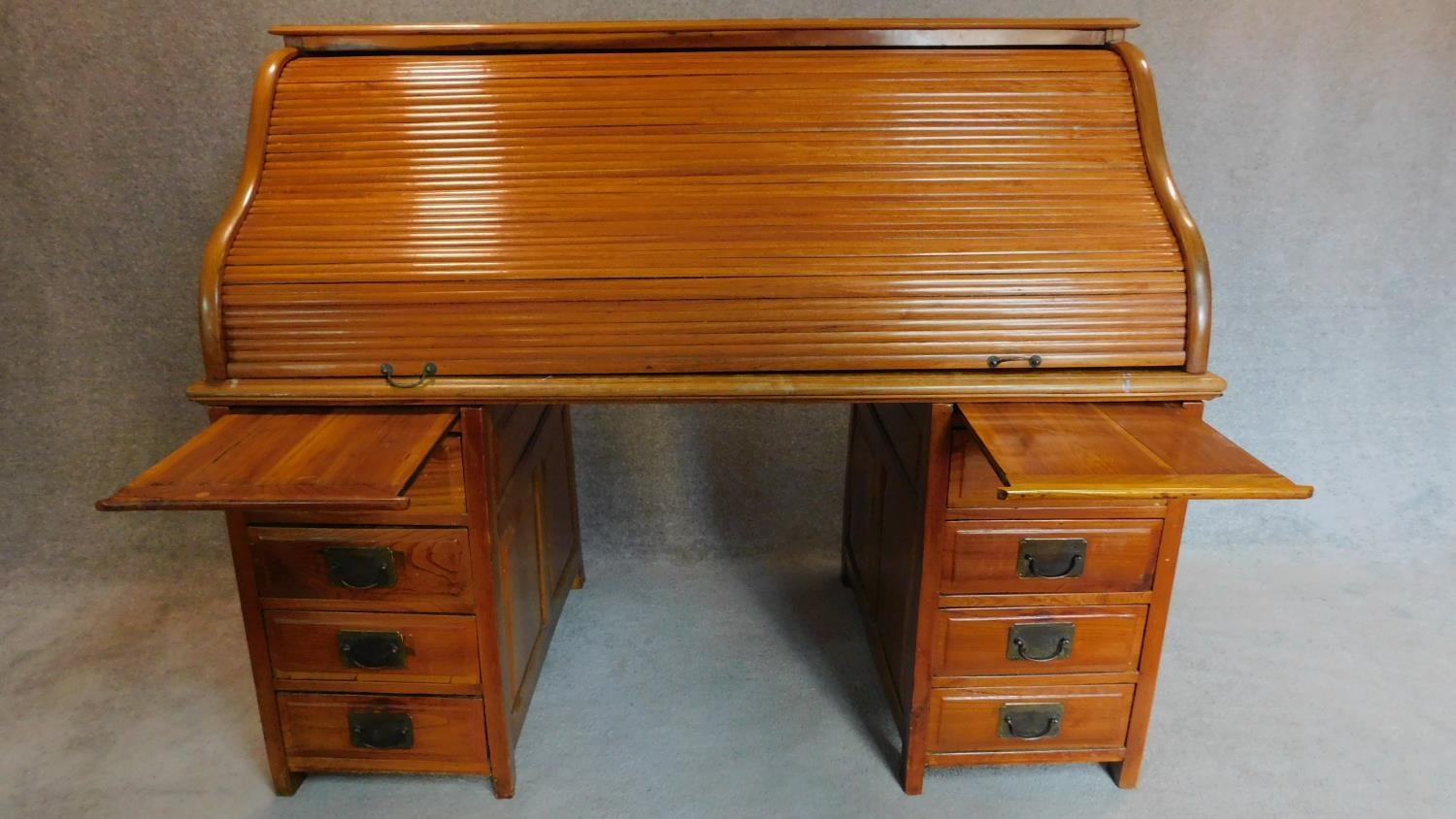 An American style teak roll top desk with fitted pigeon hole interior on pedestal bases fitted - Image 3 of 7