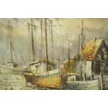 A circa 1960s oil on board depicting a harbour scene with sailing boats, signed Barton lower