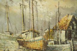A circa 1960s oil on board depicting a harbour scene with sailing boats, signed Barton lower