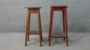 Two jardiniere stands, one made from oak, with a square top, the square section legs joined by an