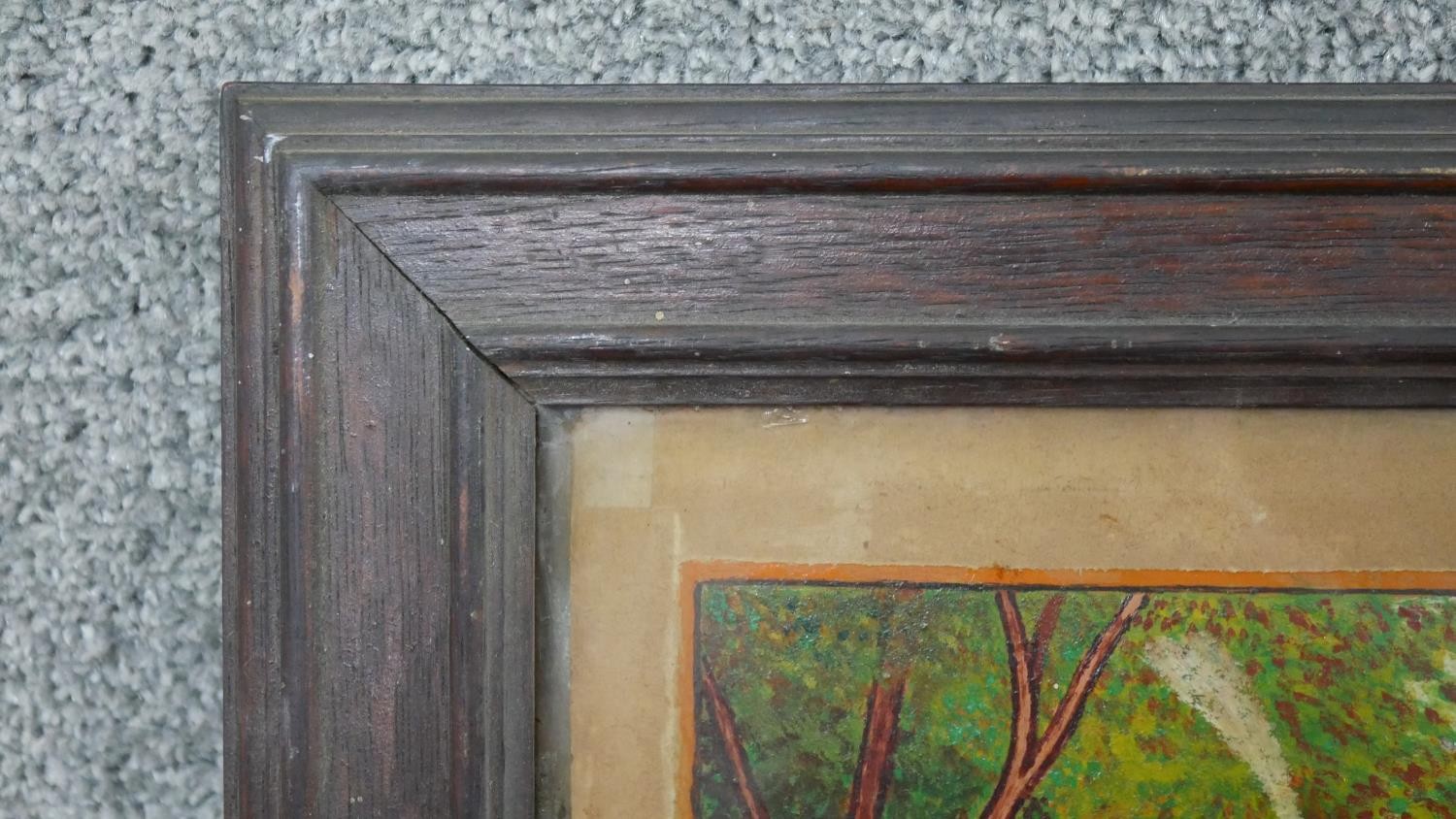 A framed oil on card of a tiled roof Tudor cottage with mother and child. Indistinctly signed and - Image 3 of 6