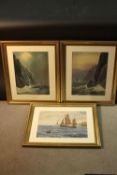 Three framed and glazed watercolours. Two of coastline landscapes and one of sailing boats. H.58 W.