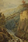 C. J. Leeke, a watercolour depicting a precarious rustic bridge over a fast moving river. H.59 W.