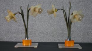 A pair of vintage acrylic Daffodil table lamps with push switches. (One trumpet damaged.) H.39 W.