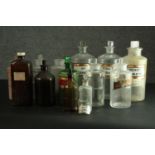 A collection of thirteen 19th and 20th century clear and coloured glass apothecary jars and bottles.