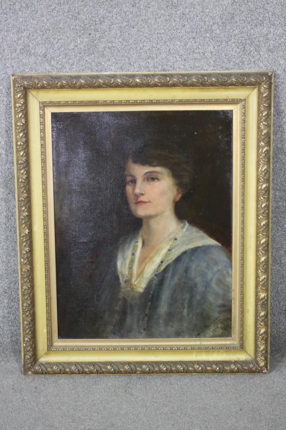 A gilt framed early 20th century oil on canvas portrait of an Edwardian lady, indistinctly signed - Image 2 of 6