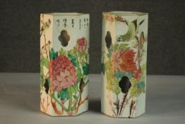 Two 19th century hexagonal Chinese Qianjiang Cai porcelain hand painted hat stands (one cracked)