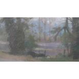 A framed and glazed pastel on paper of a field with trees, titled and signed verso Margaret
