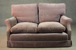 A two seater sofa, upholstered in velour, with loose back and seat cushions.