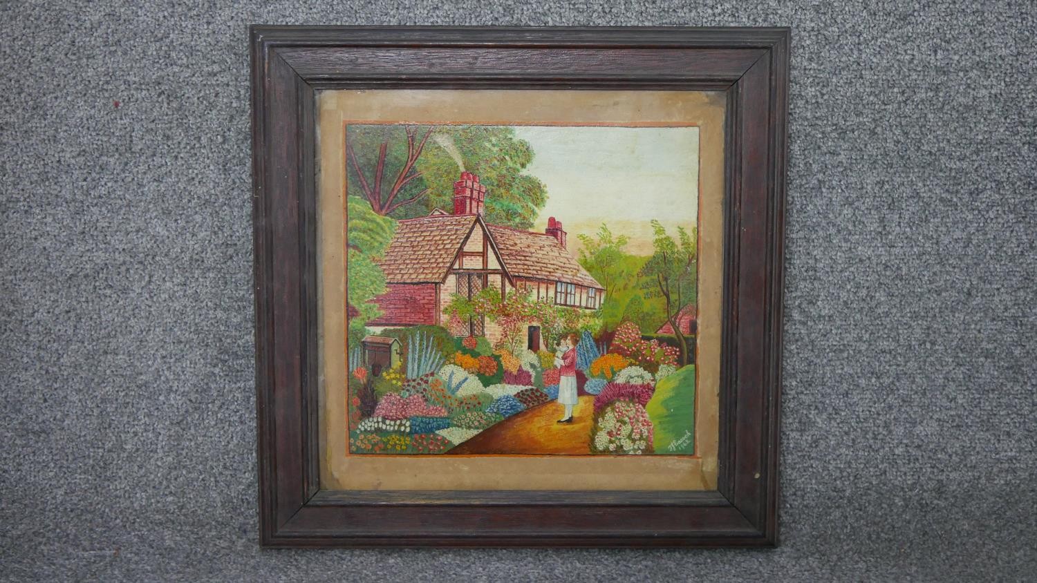 A framed oil on card of a tiled roof Tudor cottage with mother and child. Indistinctly signed and - Image 2 of 6