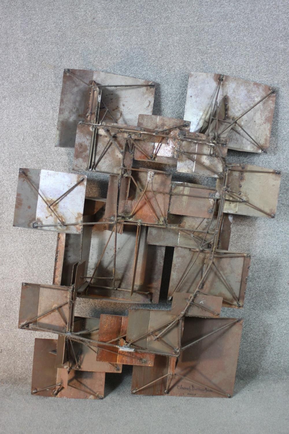 Stevens Dossou-Yovo (French b.1969) An abstract brushed raw and oxidized steel geometric sculpture - Image 8 of 8