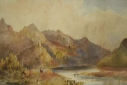 A watercolour landscape, depicting a lone figure by a river, with hills to the distance. L.85 W.