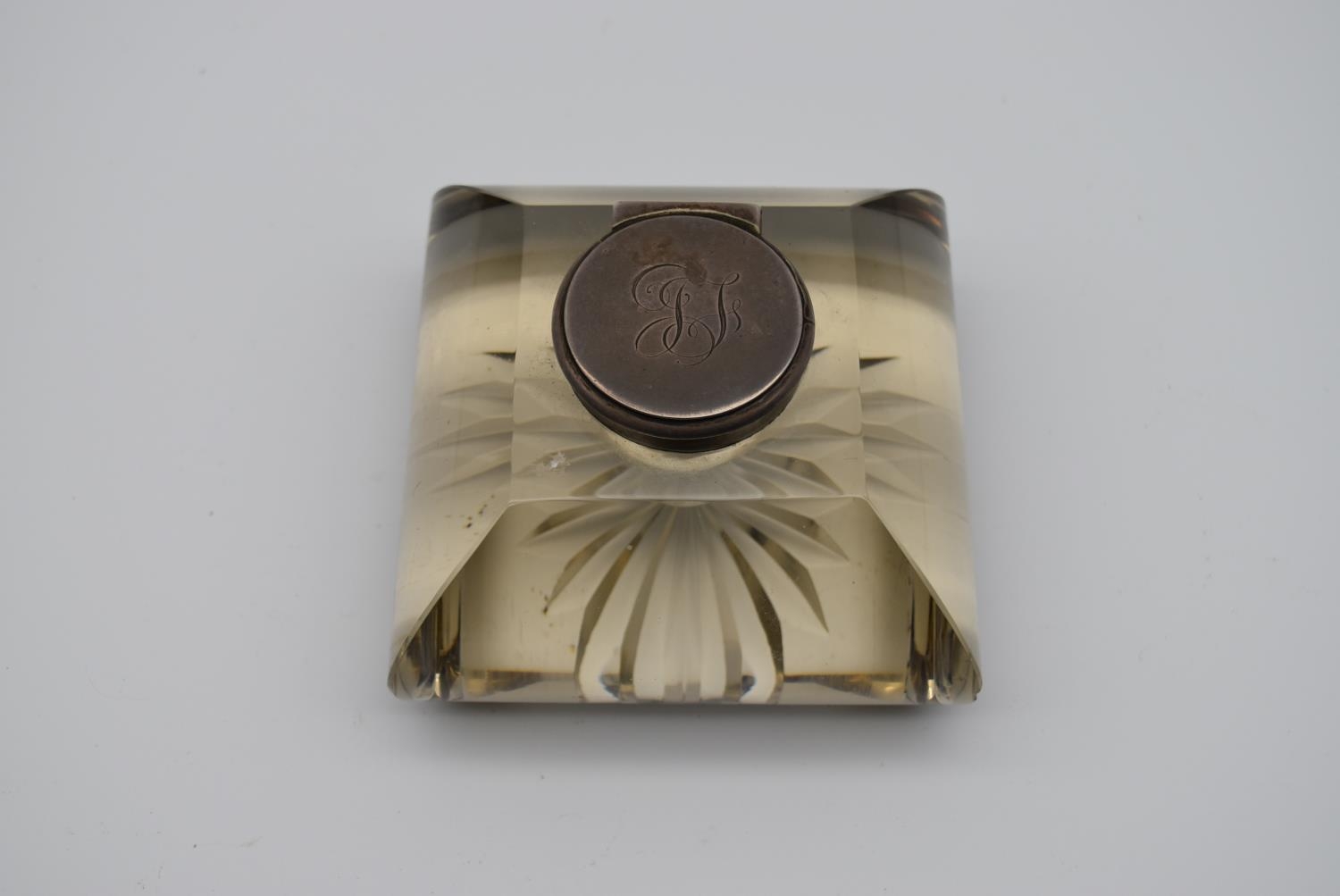 A late 19th century cut crystal desk inkwell with silver lid and collar, English hallmarks, along - Image 6 of 8