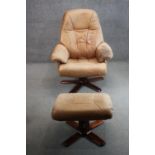 A Stressless style Scandinavian lounge chair and stool, upholstered in tan leather, on five and four