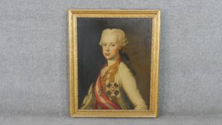 A 19th century gilt framed oil on board of a noble gentleman with regalia. Unsigned. H.83 W.68cm