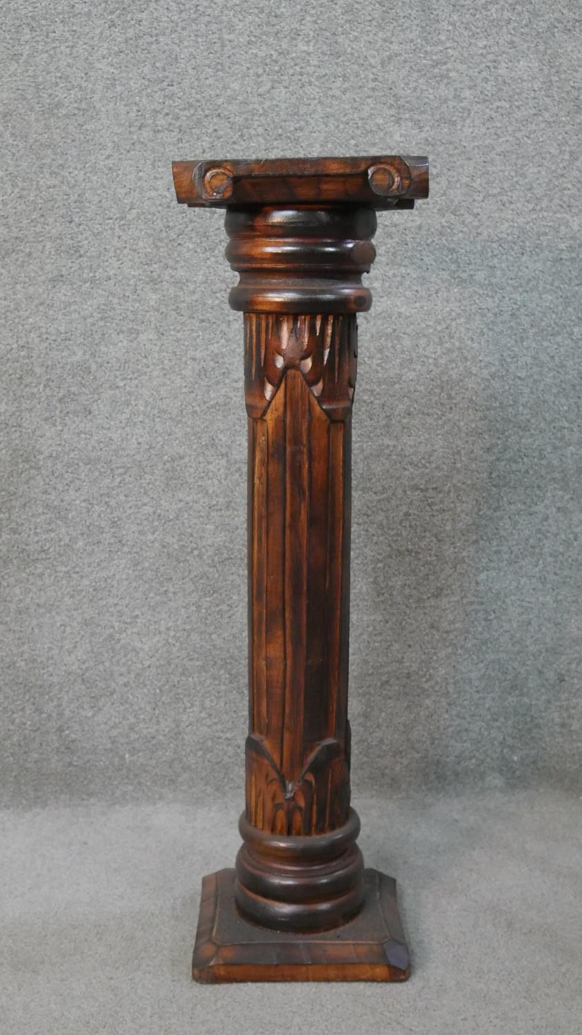 A carved hardwood jardiniere stand of columnar form, together with two oak jardiniere stands, each - Image 3 of 8