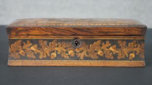 A lockable Victorian Tunbridge ware glove box, the domed cover inlaid with a country house scene and