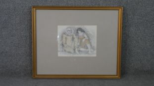 A framed an glazed coloured pencil drawing of a clown and a girl, indistinctly signed. H.49 W.60cm