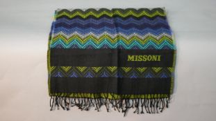 A vintage woolen Missoni blue, green and white zig zag design scarf, with makers label. L.160 W.37cm