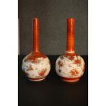 Two 19th century Japanese Kutani ceramic bottle vases, hand painted with birds and flowers,