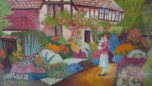 A framed oil on card of a tiled roof Tudor cottage with mother and child. Indistinctly signed and