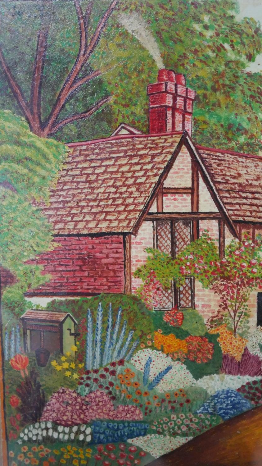 A framed oil on card of a tiled roof Tudor cottage with mother and child. Indistinctly signed and - Image 5 of 6