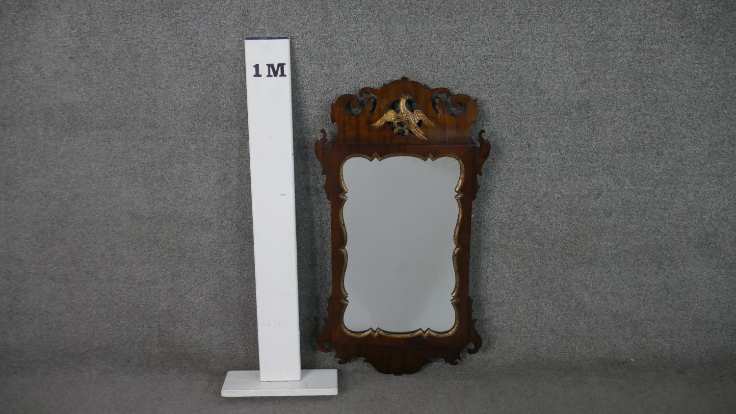 A George III mahogany fretwork mirror, parcel gilt, with a carved and pierced, Ho-ho bird, and a - Image 3 of 5