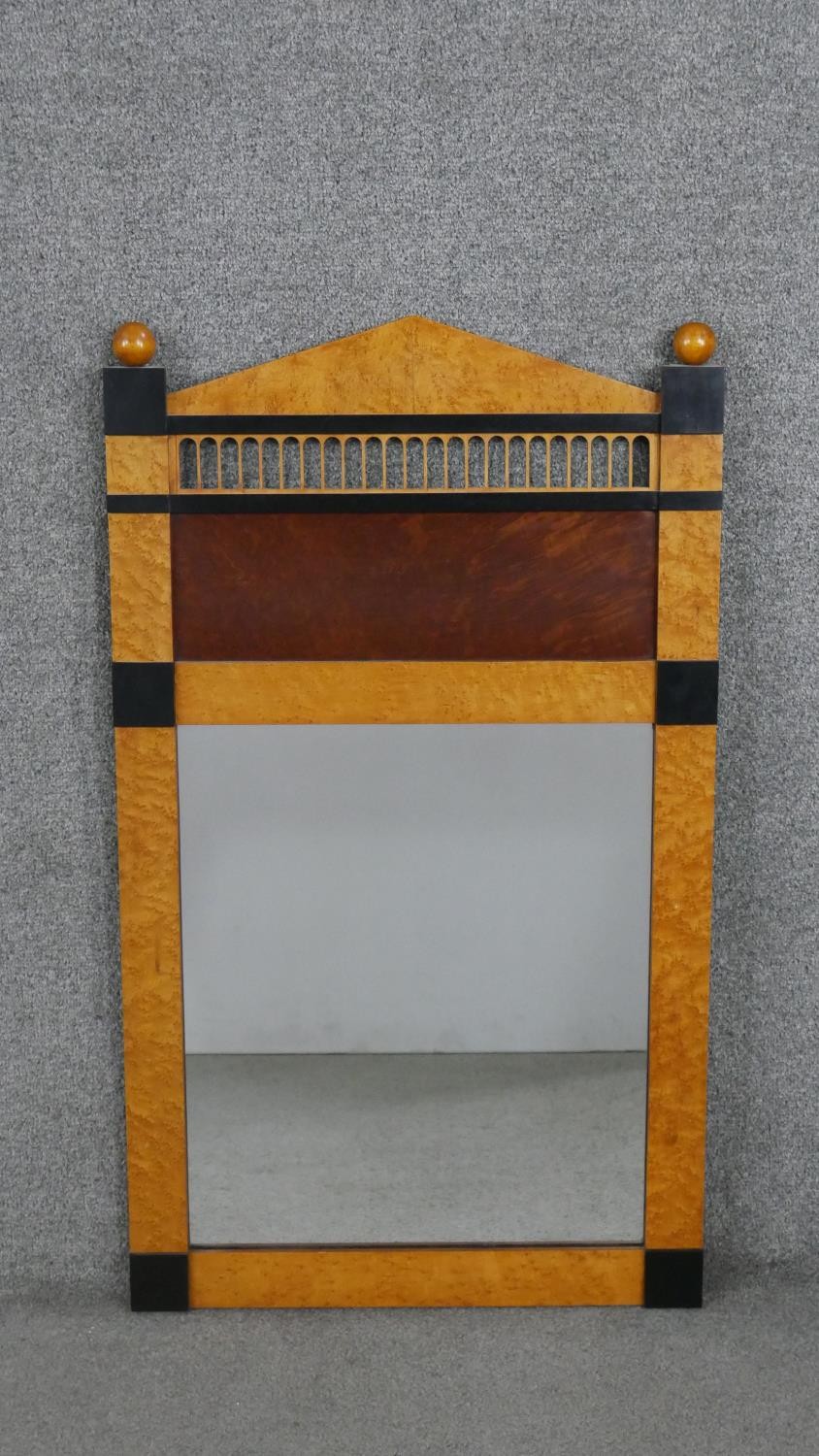 A pair of Biedermeier style birds eye maple mirrors, with an arched top flanked by gilded spheres, - Image 2 of 5