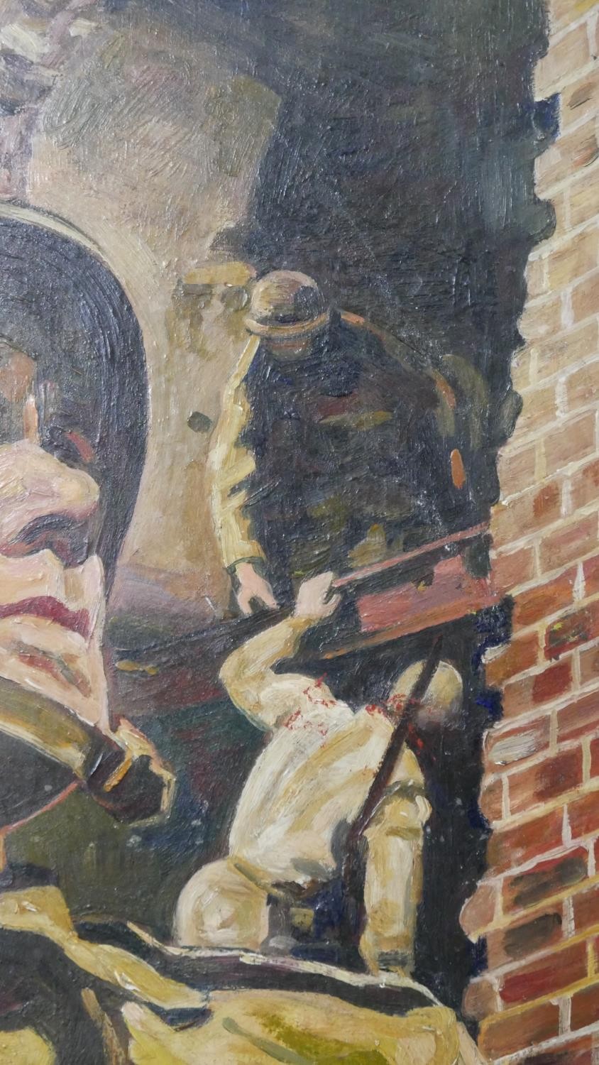 Attributed to Carlos Sáenz de Tejada (1897 - 1958) An oil on board of a soldier among derelict - Image 4 of 6