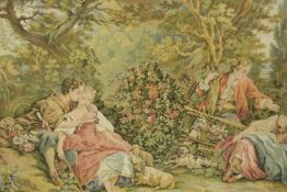 A French or Belgian machine woven framed tapestry, depicting a Watteauesque garden scene. H.90 W.