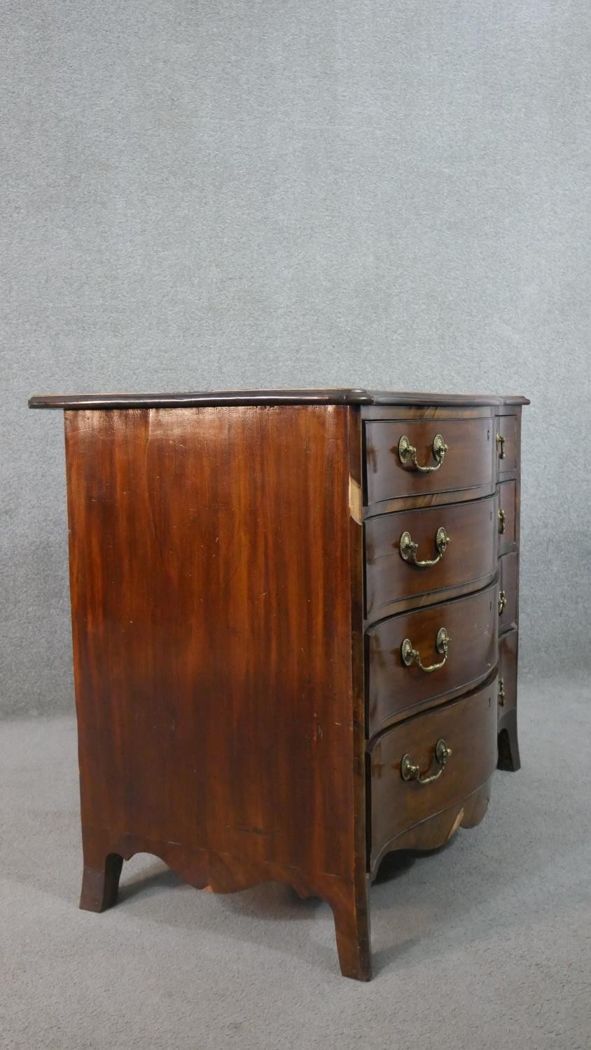 A George III style mahogany serpentine chest, the top crossbanded in satin birch, on four long - Image 9 of 9