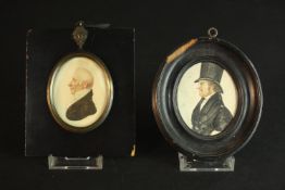 Two ebony framed and glazes miniature watercolour portraits of elderly gentlemen, unsigned. H.12 W.